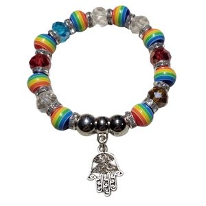 Rainbow bead bracelet with crystals and hamsa hand charm